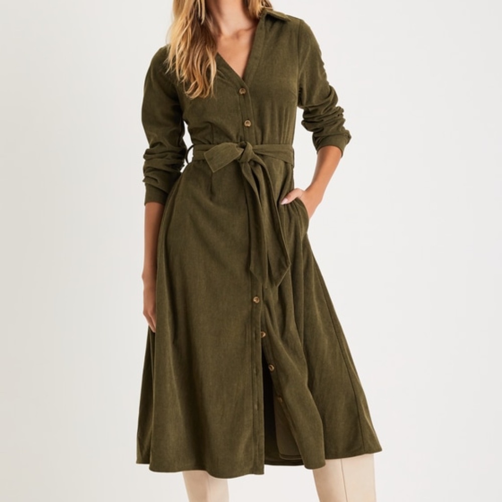 Casual Affection Olive Green Corduroy Midi Dress with Pockets